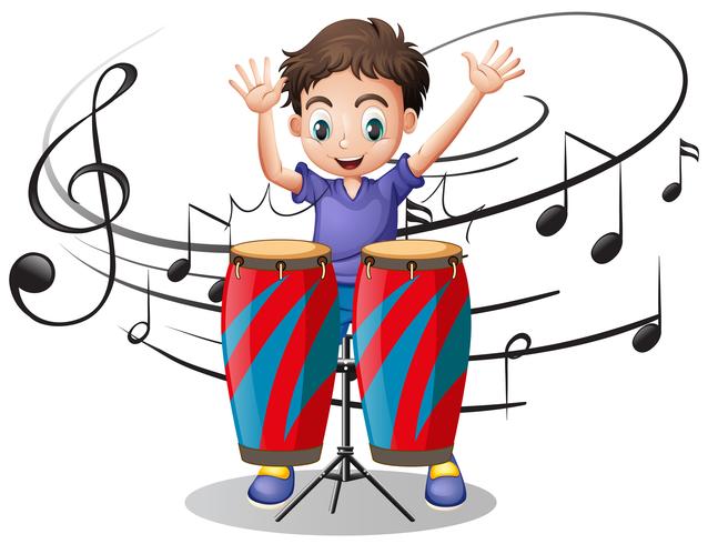 vector boy playing drum with music notes in background